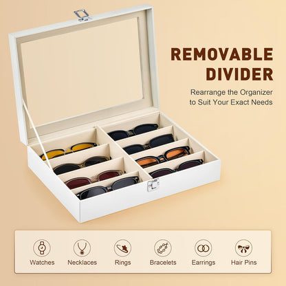 CO-Z Leather Multi Sunglasses Organizer for Women Men, Eyeglasses Eyewear Display Case with 8 Slots, Jewelry Watch Organizer, Sunglasses Jewelry Collection Case, Sunglass Glasses Storage Holder Box