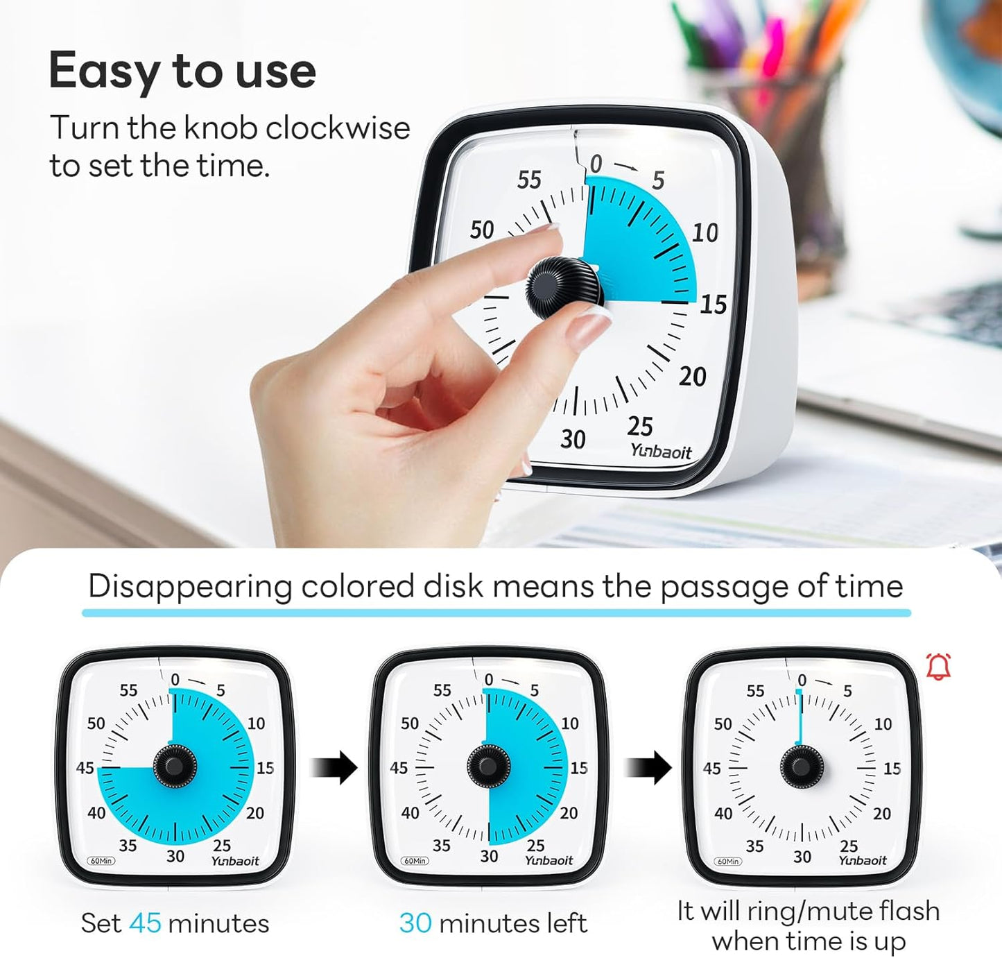 Yunbaoit Visual Timer with Night Light, 60-Minute Countdown Timer for Kids and Adults, Silent Classroom Timer, Time Management Tool for Home, School, or Work (Light Blue)