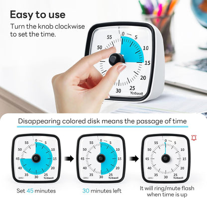 Yunbaoit Visual Timer with Night Light, 60-Minute Countdown Timer for Kids and Adults, Silent Classroom Timer, Time Management Tool for Home, School, or Work (Light Blue)