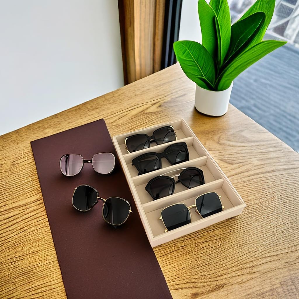 Velvet Sunglasses Organizer Tray 4 Slot, Stackable Eyewear & Glasses Display Case, Premium Beige Velvet, Scratch-Free Lining, Drawer Insert for Dressing Table Vanity Home Retail Trade Show