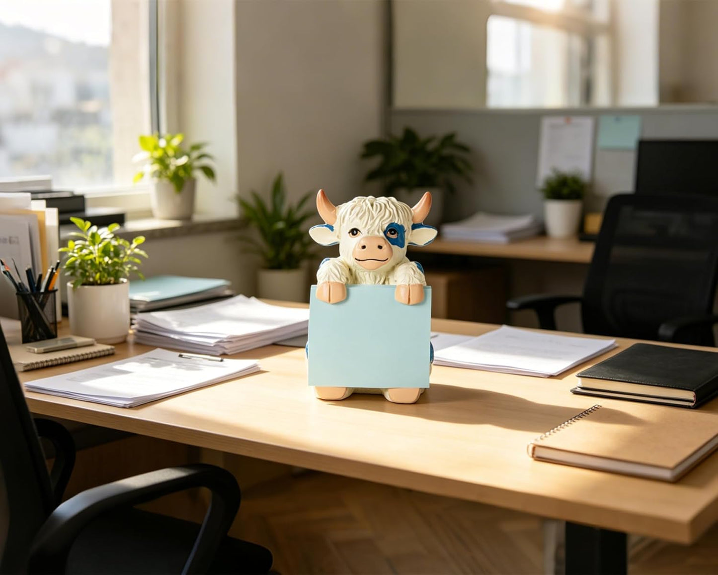 Highland Cow Pop-up Sticky Note Dispenser, Includes 1 Pad of 3x3 in Super Sticky Notes, 100 Sheets, Resin Cute Handmade Desk Holder for Office & Home-Beige
