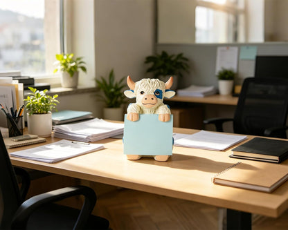 Highland Cow Pop-up Sticky Note Dispenser, Includes 1 Pad of 3x3 in Super Sticky Notes, 100 Sheets, Resin Cute Handmade Desk Holder for Office & Home-Beige