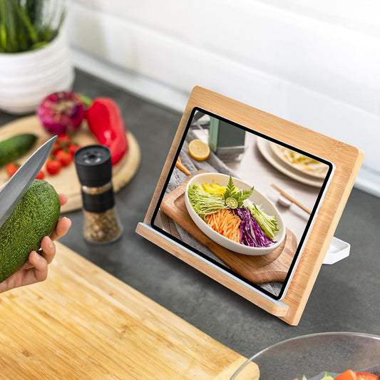 wishacc Bamboo Tablet Stand for Desk, 11"x8.2" Large Wooden Tablet Holder with Adjustable Angles, Thick Case Friendly Wood Stand for iPad Pro 12.9, Samsung, E-Readers, Kitchen & Drawing