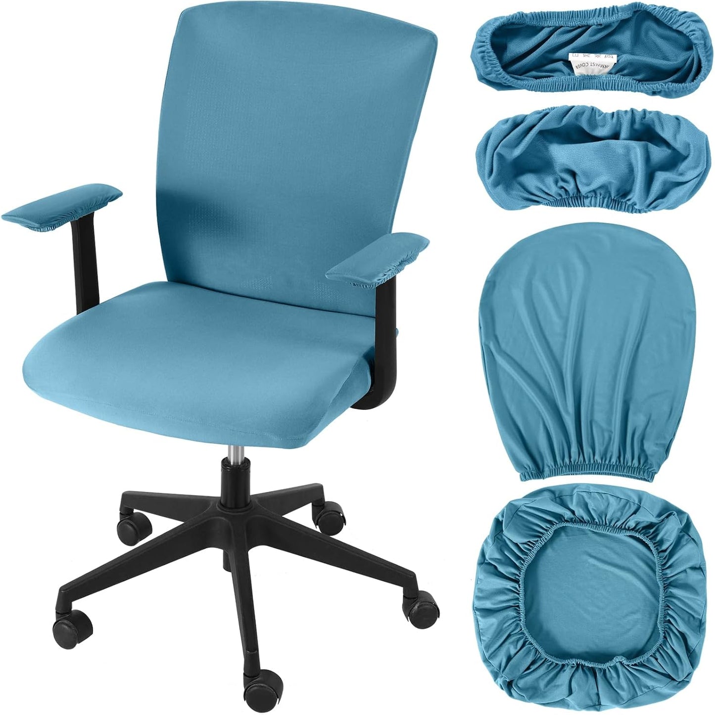 Tallew 4 Pcs Office Chair Covers Set Computer Universal Protective Stretchable Chair Seat Covers Desk Armrest Cover Pads Office Cushion Backrest for Rotating(Regular,Black)