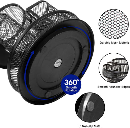 Comix 360° Rotating Pen Holder for Desk, 5 Compartments Office Desk Organizer, Black Mesh Metal Pencil Holder Cup for Office Home School