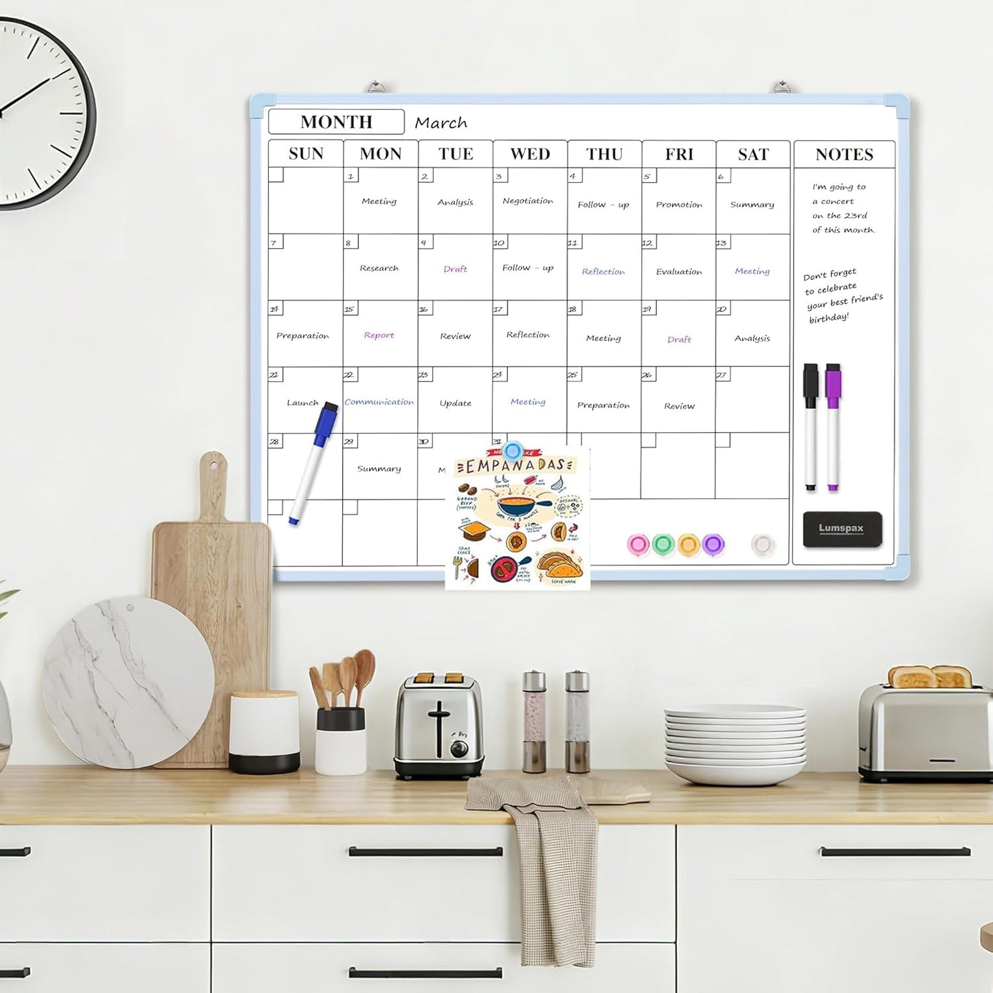 Monthly Whiteboard Calendar for Wall, Small 16" x 12" Dry Erase Board with Plastic Frame, Hanging Dry Erase Calendar with 3 Mini Sticky Notes for Kitchen Planner, Memo, Home and Office