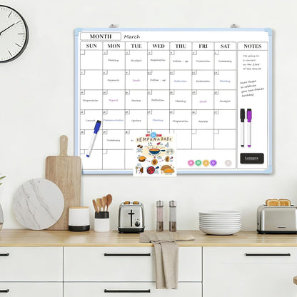 Monthly Whiteboard Calendar for Wall, Small 16" x 12" Dry Erase Board with Plastic Frame, Hanging Dry Erase Calendar with 3 Mini Sticky Notes for Kitchen Planner, Memo, Home and Office