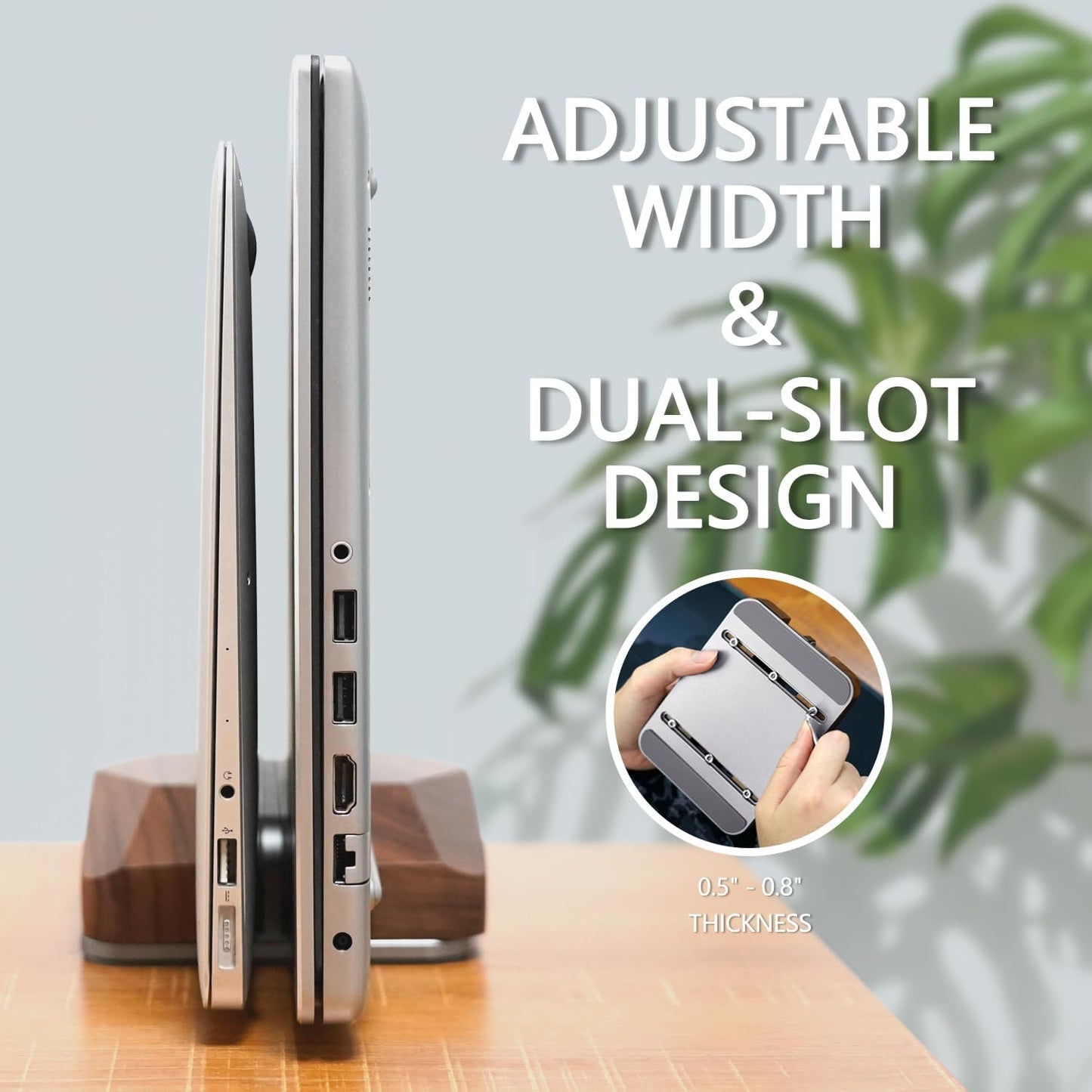 GEVO Dual Laptop Holder Vertical Laptop Stand, Natural Wood, Adjustable Dock, Wooden Laptop Stand, Vertical Laptop Holder for Desk, Widen Dock Fits All MacBook/Surface Pro 2 Devices (Black Walnut)