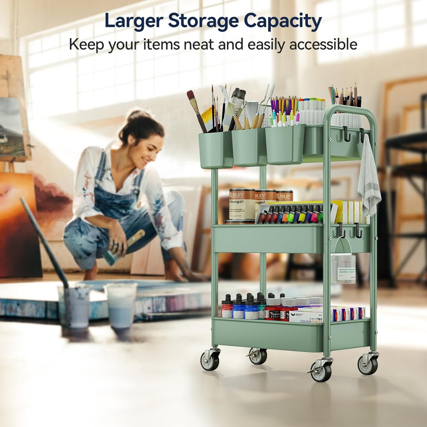 YASONIC 3 Tier Rolling Cart - Metal Utility Cart with Wheels, Hanging Cups, Hooks, Heavy Duty Mesh Rolling Storage Cart Organizer, Craft Cart for Kitchen Office, Lightweight and Sturdy
