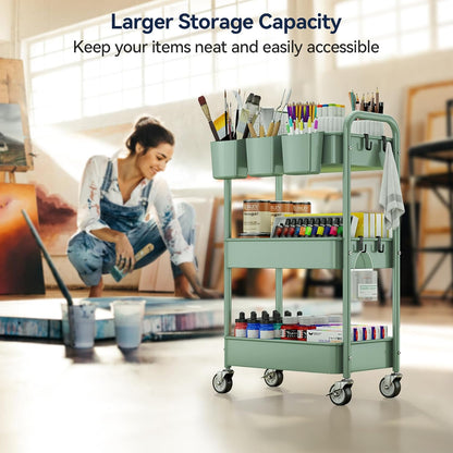 YASONIC 3 Tier Rolling Cart - Metal Utility Cart with Wheels, Hanging Cups, Hooks, Heavy Duty Mesh Rolling Storage Cart Organizer, Craft Cart for Kitchen Office, Lightweight and Sturdy
