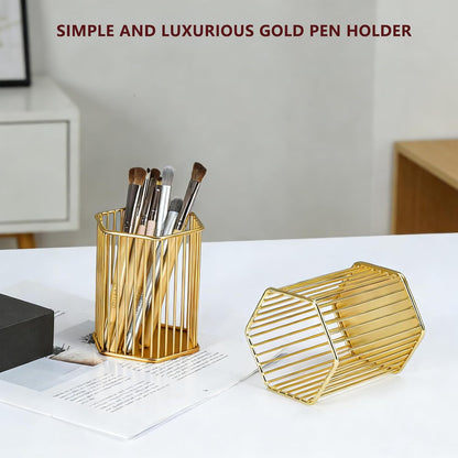 Gold Metal Pen Holder for Desk - Heavy Duty Makeup Brush Organizer Cup with, Pencil Holder for Office & Home, Storage for Stationery/Cosmetics/Art Supplies, Matte Finish, 4.8 Inch (Round)