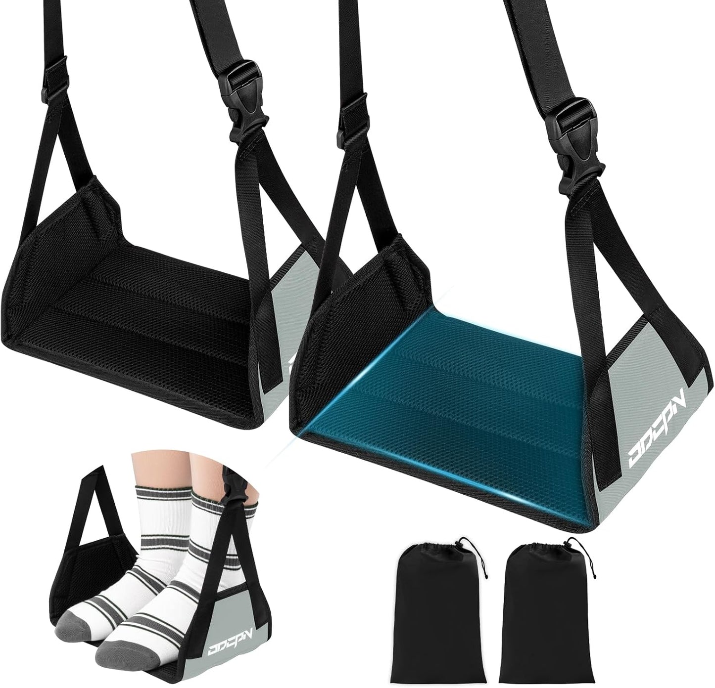 2-Pack Foot Hammock for Plane Travel, No Collapse Thickened Bamboo Airplane Foot Rest with Extended Adjustment Strap, Portable Desk Foot Hammock to Relax Your Feet, Foot Sling Travel Essentials(Black)