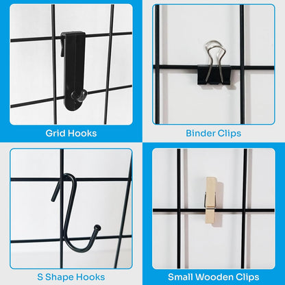 CIKLCIX Metal Grid Wall Panel, Wire Grid Photo Display Organizer, 17.3"×11.8" Gold Wire Board Grid Wall, Grid Picture Frame, 2-Pack Wire Mesh Memo Board With Clips and Hooks
