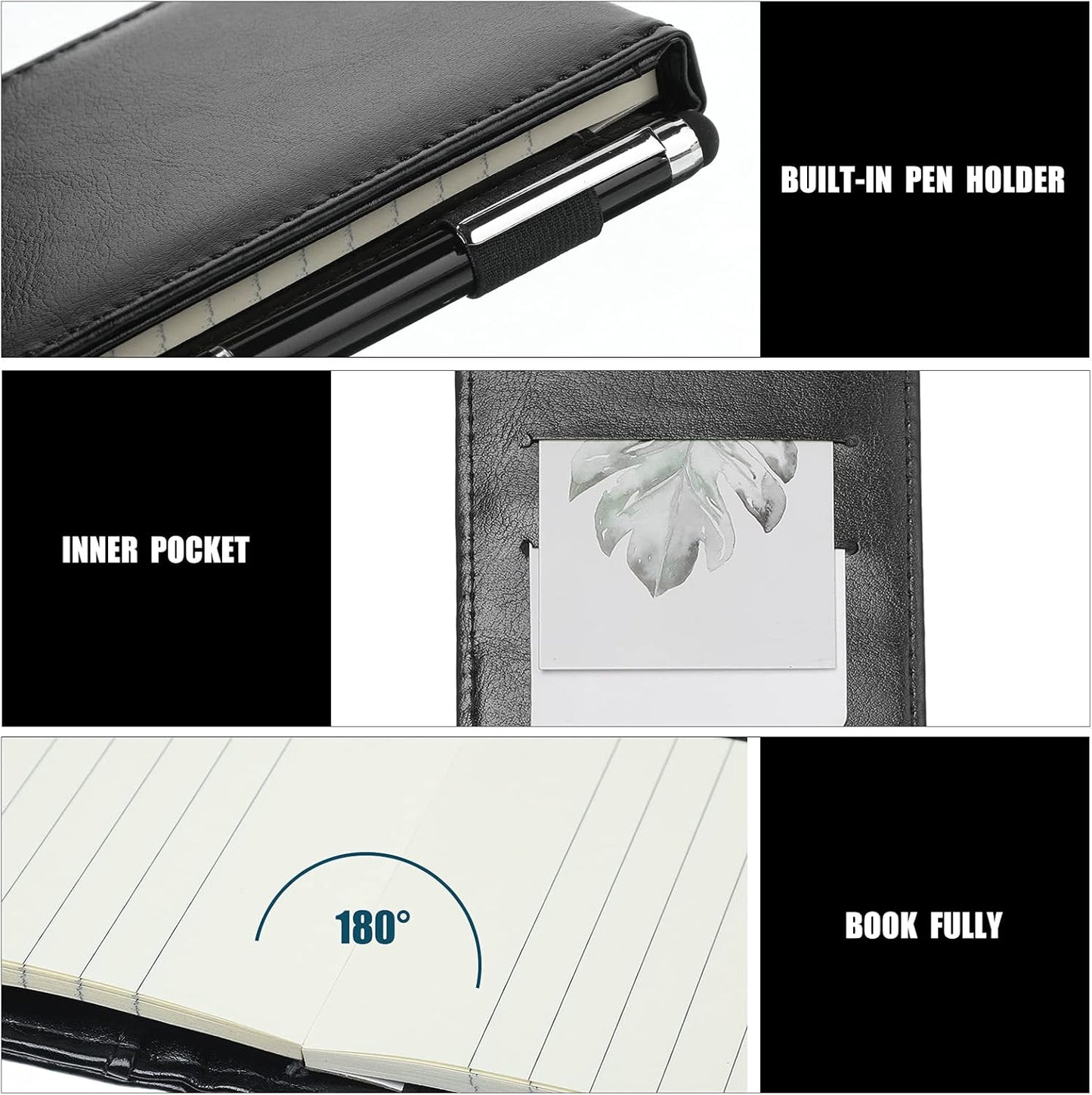 Outus 10 Pcs Mini Pocket Notepad Holder Set Included Small Leather Pocket Notebook Holder with 50 Lined Sheets, Metal Pen, 8 Pcs 3 x 5 Inch Memo Book Refills, 30 Lined Paper Per Note Pad (Black)