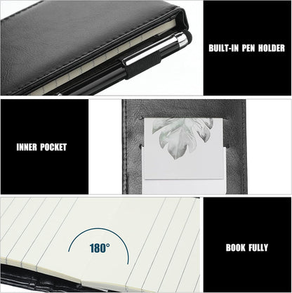 Outus 10 Pcs Mini Pocket Notepad Holder Set Included Small Leather Pocket Notebook Holder with 50 Lined Sheets, Metal Pen, 8 Pcs 3 x 5 Inch Memo Book Refills, 30 Lined Paper Per Note Pad (Black)