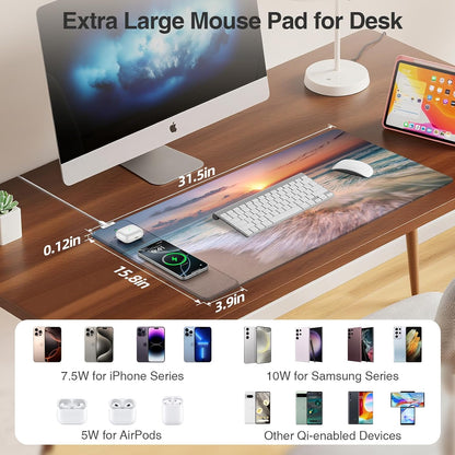 Wireless Charging Mouse Pad with Foldable Phone Holder, 31.5"x15.8" Large Desk Mat for Laptop/Keyboard, Waterproof Ultra-Smooth Surface, Non-Slip Base, Black