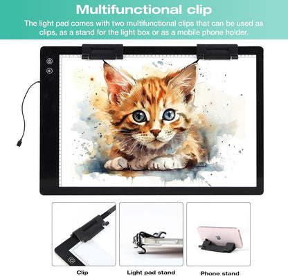 Rechargeable A4 Light Pad - Stepless Dimmable 6 Levels Brightness Tracing Light Box, Diamond Painting Light Board with Top Clip, Battery Powered Portable Light Pad for Weeding Vinyl Tracing