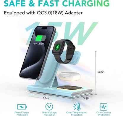3 in 1 Foldable Charging Station for Apple Products,Wireless Charger for iPhone 17 16 15 14 13 12 Pro Max,Travel Dock Adapter&Light for iWatch Series 11 10 9 Ultra 3/2 SE 3/2,for AirPods 4 3 2 Pro 3/2
