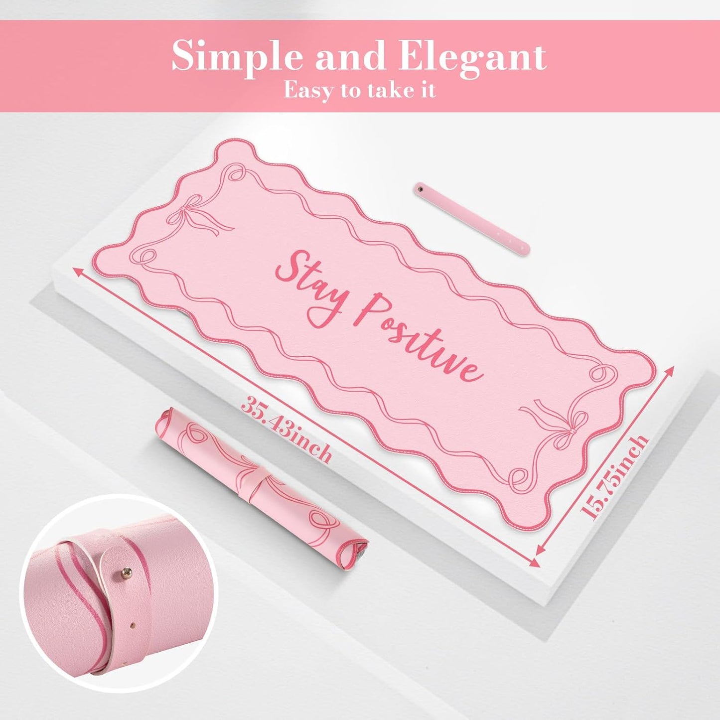 iCasso Pink Leather Desk Mat,Extra Large Scalloped Mouse Pad for Desktop,Waterproof PU Nail Table Mat,Cute Keyboard Mats for Women Girl,Non-Slip Desk Cover Mat for Office Home Dorm