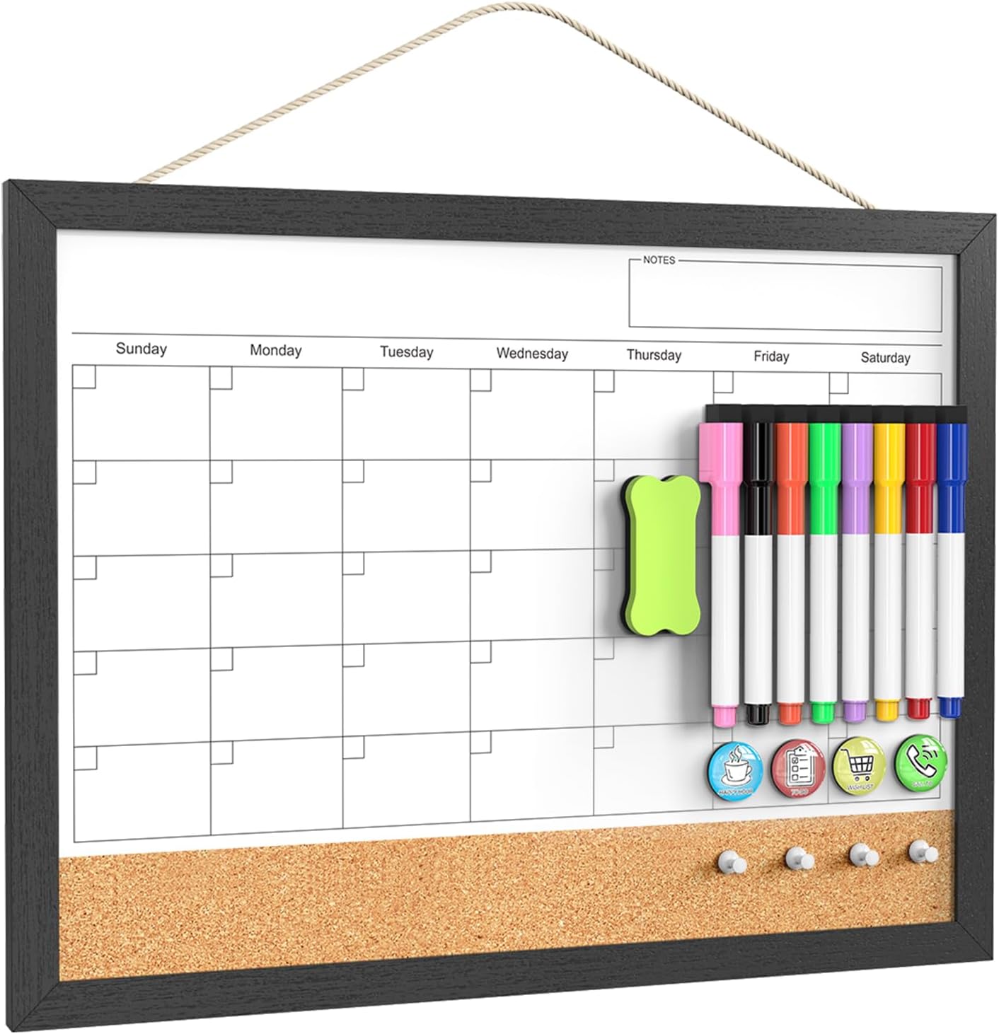 Calendar Whiteboard for Wall, TANKEE 17x13 Inches Whiteboard Calendar Cork Board Combo, Small Magnetic White Board with Wood Framed, Hanging Dry Erase Board for Kitchen Home Office School Planner