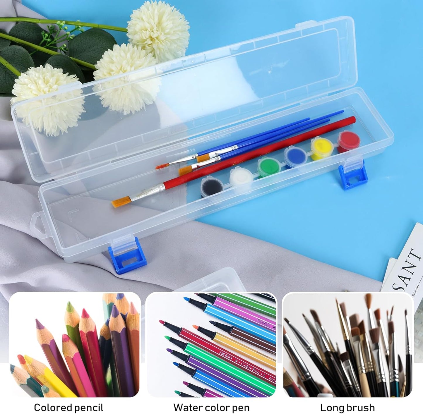 FIREBOOMOON 3 Pack Translucent Plastic Paint Brush Holder, Long Paint Brushes Watercolor Pens Pencils Drawing Tools Storage Box Container Case(13" x 2.8" x 1.4")