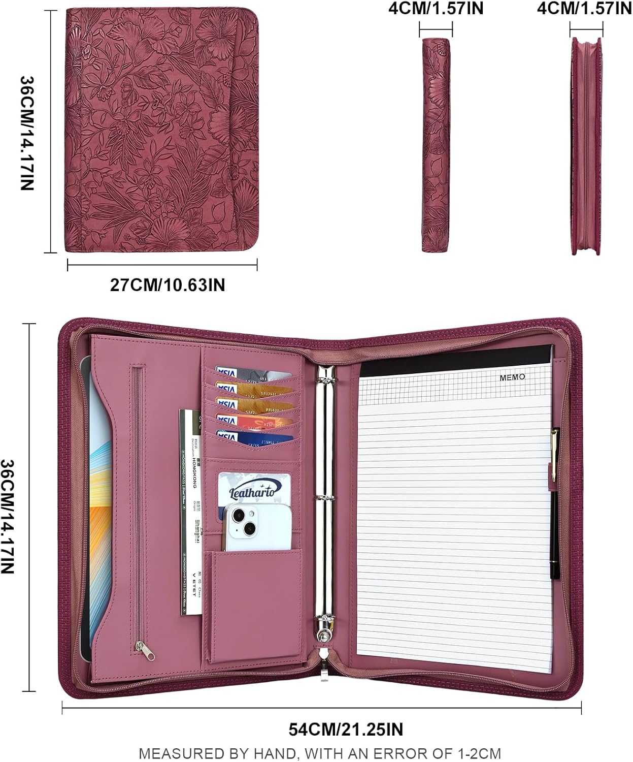 Leathario Portfolio Binder, Includes 10 Sheet Protectors and 3 Notepads, 3-Ring Folder Organizer, A4 Padfolio with Zipper, Vegan Leather Tablet Sleeve, Business Office Conference Clipboards