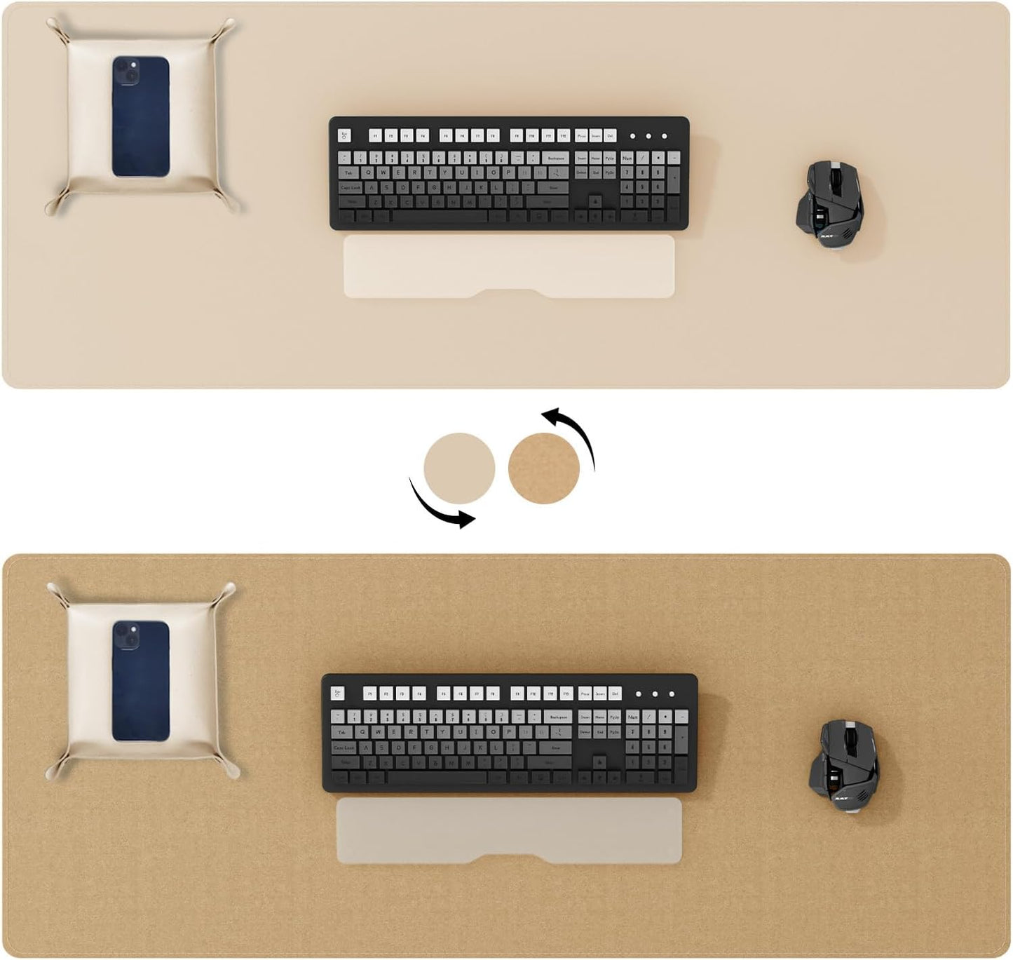 DAWNTREES Dual Sided Desk Mat,Leather Desk Pad,Brown 40"x16",Cork Desk Mat Protector,with PU Leather Valet Tray Organizer,Large Mouse Pad,Desk Writing Pad for Office and Home