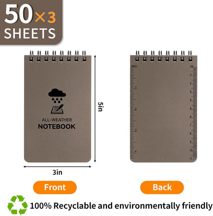 COIDEA 3 Pack Waterproof Notebook, 3 x 5 Pocket Notepad, All Weather Small Pocket Notebook Paper, Mini Spiral Notepad Police Notepad 100 Lined Pages for Outdoor Office