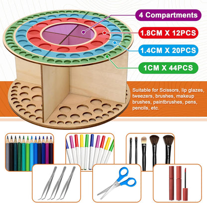 Wooden Paint Brush Holder 76 Holes and 4 Compartments Round Paintbrush Holder Organizer with Silicone Rings Wood Artist Paint Brush Stand Rack for Pens Pencils Art Tools