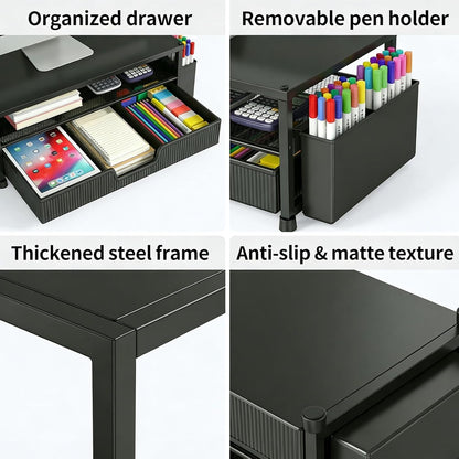 ECOLOVI Desk Organizer and Accessories, 2-Tier Computer Monitor Stand Rise with Storage Drawer & 2 Pen Holders, Laptop & Printer Stand for Desktop, Workspace Organizers for Office Supplies (Brown)