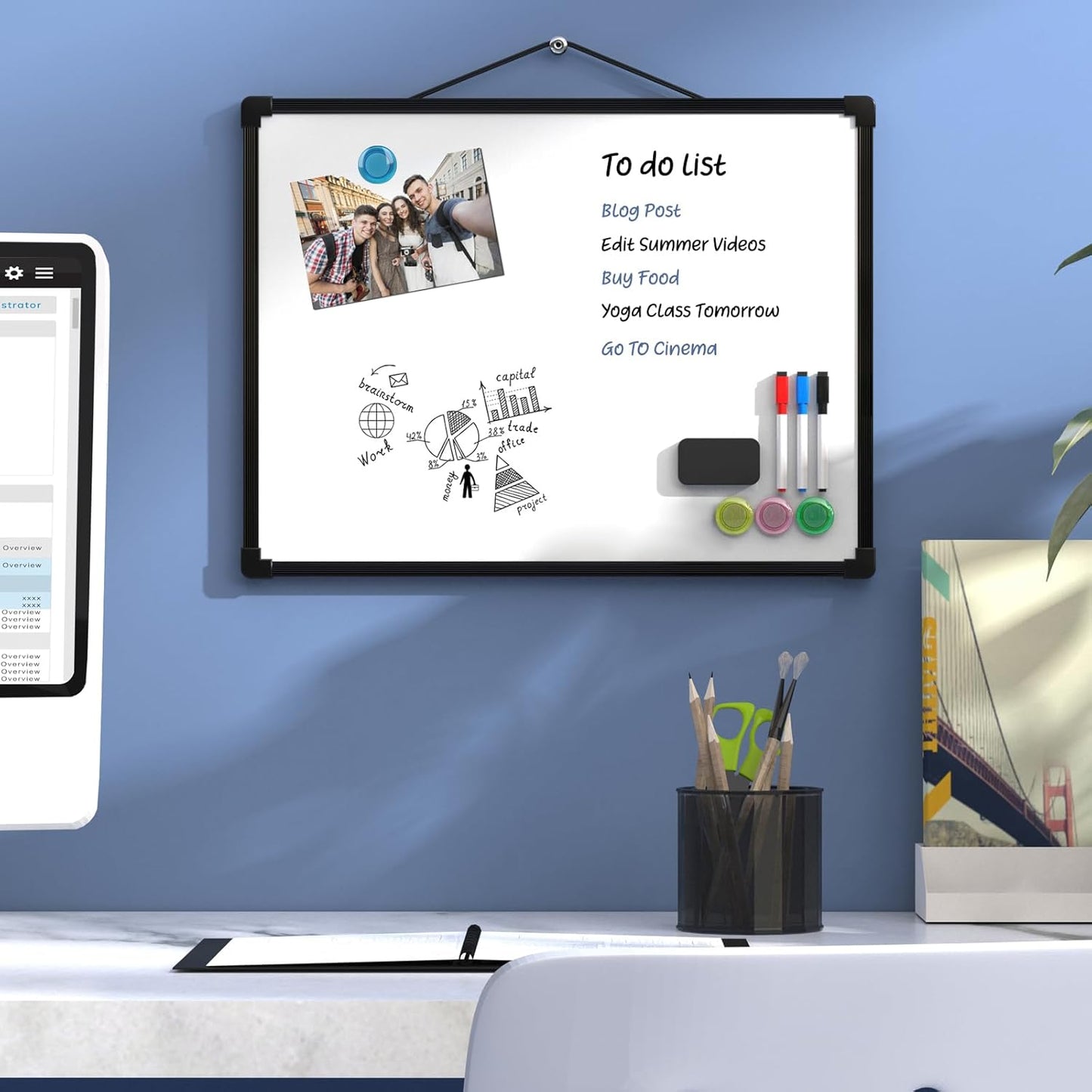 MaxGear Double-Sided Dry Erase Board for Wall, 16"x12" Hanging Whiteboard, Small Dry Erase White Board with 3 Markers and 4 Magnets, Portable Whiteboard for Planning, Drawing, Memo, to Do List