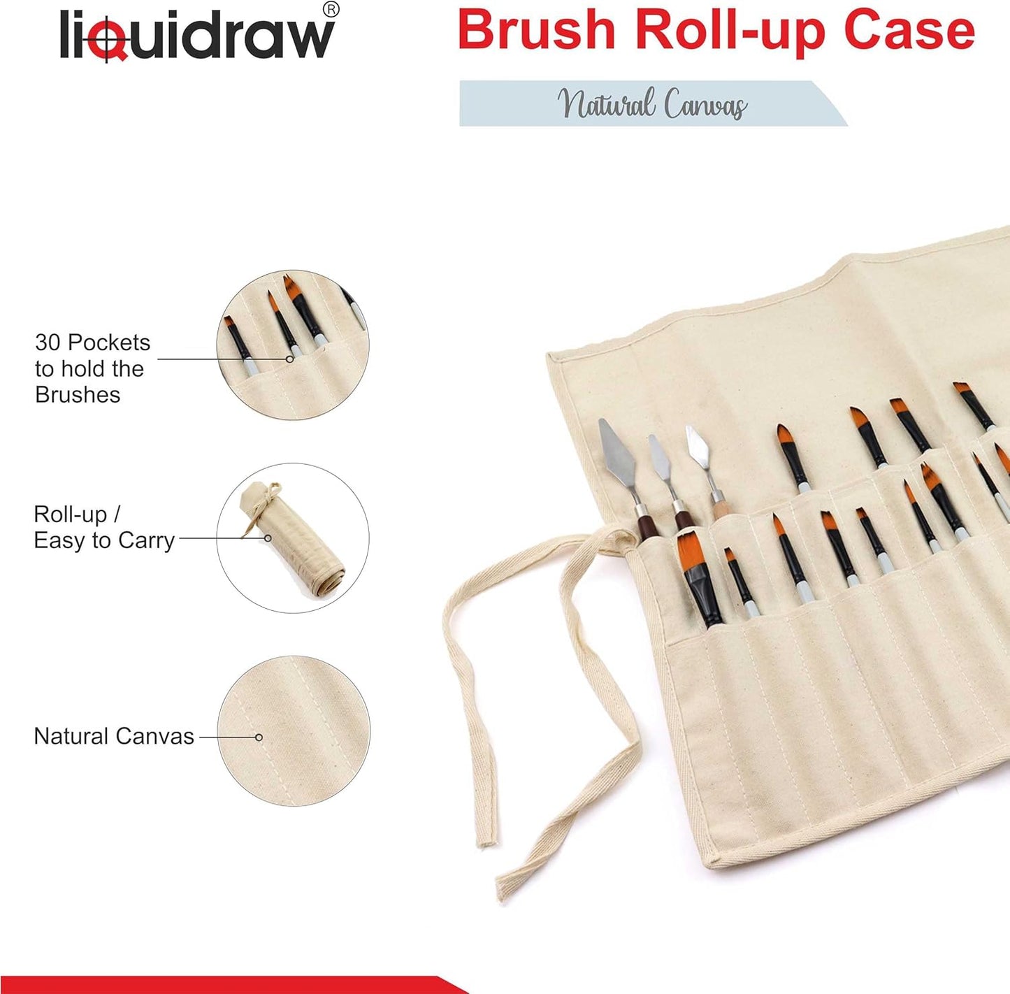 Liquidraw 30 Pocket Canvas Paint Brush Holder - Natural | 21" x 18" | Roll Up Brush Storage Pouch | Ideal Case for Paintbrush & Art Tool Storage | Easy to Carry | Also Great for Storing Makeup Brushes
