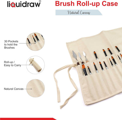 Liquidraw 30 Pocket Canvas Paint Brush Holder - Natural | 21" x 18" | Roll Up Brush Storage Pouch | Ideal Case for Paintbrush & Art Tool Storage | Easy to Carry | Also Great for Storing Makeup Brushes