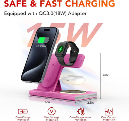 3 in 1 Foldable Charging Station for Apple Products,Wireless Charger for iPhone 17 16 15 14 13 12 Pro Max,Travel Dock Adapter&Light for iWatch Series 11 10 9 Ultra 3/2 SE 3/2,for AirPods 4 3 2 Pro 3/2