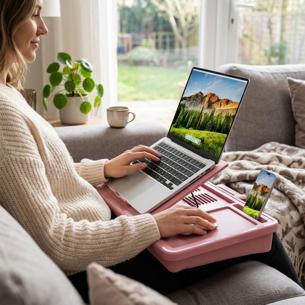 LAPGEAR Ergonomic Pro 2.0 Lap Desk with 9 Adjustable Heights, Built-in Mouse Pad & Phone Slot – Full Microbead Cushion, Storage Pocket – Fits Laptops up to 15.6" – Dusty Rose – Style No. 49504