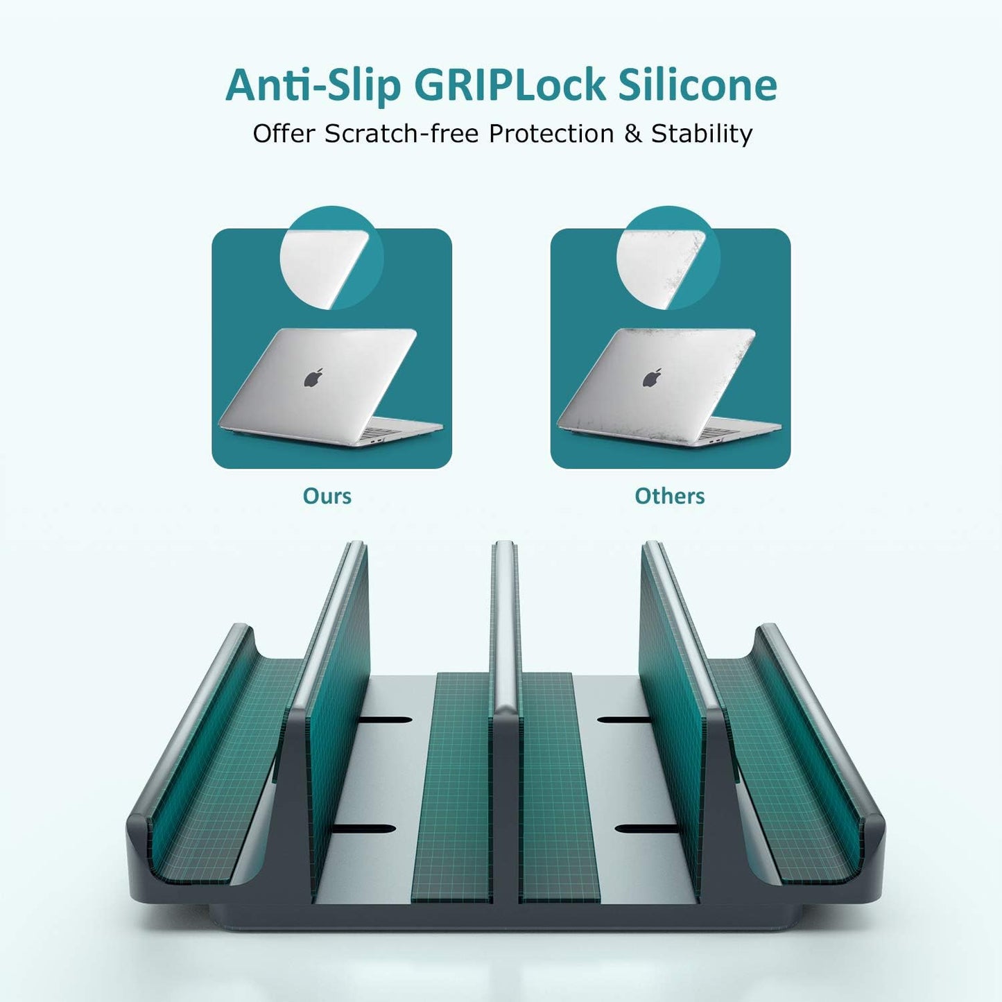 Vertical Laptop Stand - SPACEMax Adjustable GRIPLock Anti-Tip Silicone 4 Slots Aluminum Desktop Holder - Double Dock Stand - 2 Phone Slots Fits Up to 17.3” Laptops, Tablets, Phones - Silver