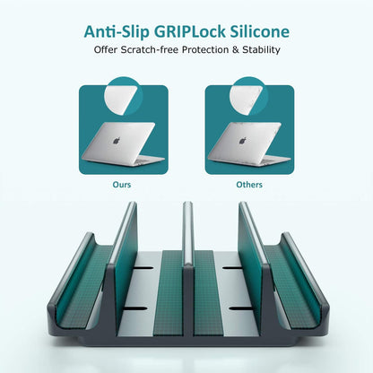 Vertical Laptop Stand - SPACEMax Adjustable GRIPLock Anti-Tip Silicone 4 Slots Aluminum Desktop Holder - Double Dock Stand - 2 Phone Slots Fits Up to 17.3” Laptops, Tablets, Phones - Silver