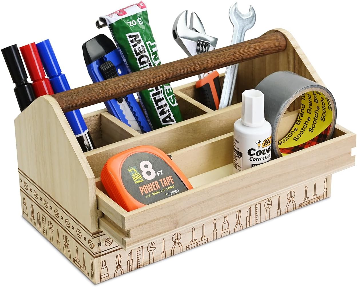 Ikee Design Small Natural Wood Color Wooden Craft Tool Box Caddy with a Handle for Storage Tool, Makeup, Collections with 5 Compartments for Storage and Organizing, 10 W x 5.1 D x 3.5 H in
