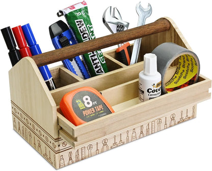 Ikee Design Small Natural Wood Color Wooden Craft Tool Box Caddy with a Handle for Storage Tool, Makeup, Collections with 5 Compartments for Storage and Organizing, 10 W x 5.1 D x 3.5 H in