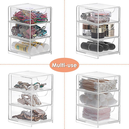 BTSKY 2 Pack Small Acrylic Storage Organizer with Drawers, 3-Layer Clear Desktop Organizer for Office Supplies Mini Storage Box with Drawers for Desk, Desktop Makeup Drawer Jewelry Storage Box
