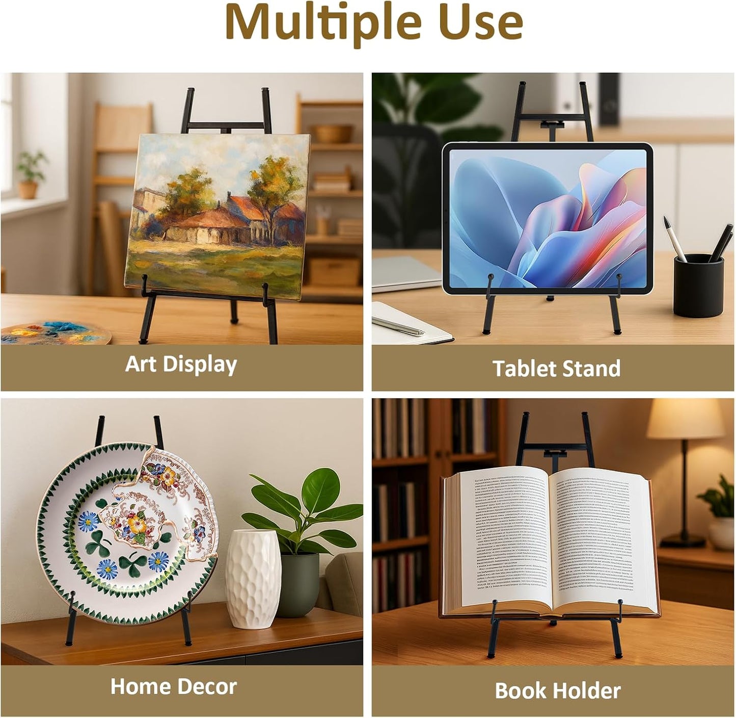 Falling in Art Metal Easel Stand, 16.5" Table Top Easel Stand for Display, Tripod Mirror Plate Stand Holder for Photos, Books and Wedding Signs, Gold