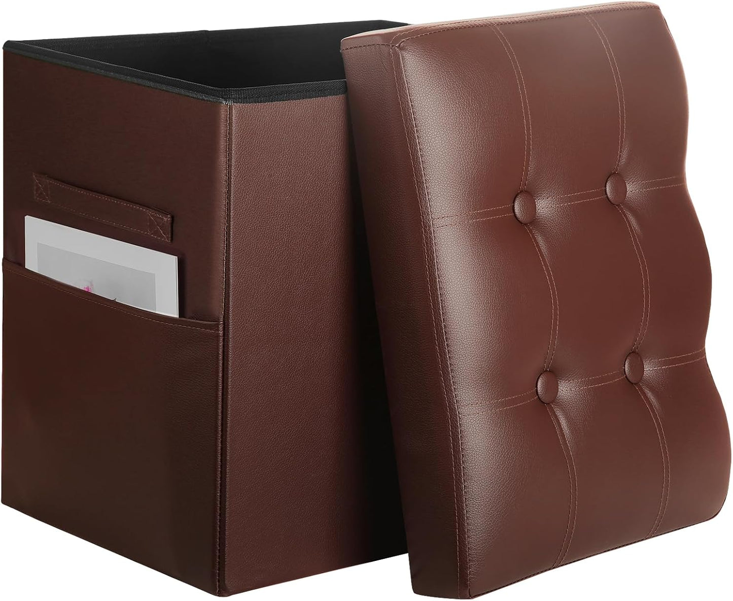 BelugaHelper Storage Ottoman Foot Rest Stool, Foldable Leather Footstool Storage Bench with Thicker Foam Padded Seat. Foot Rest Under Desk for Living Room Bedroom 350 lbs, 17x13x13 in, Brown