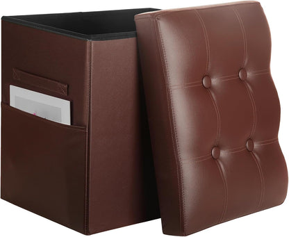 BelugaHelper Storage Ottoman Foot Rest Stool, Foldable Leather Footstool Storage Bench with Thicker Foam Padded Seat. Foot Rest Under Desk for Living Room Bedroom 350 lbs, 17x13x13 in, Brown