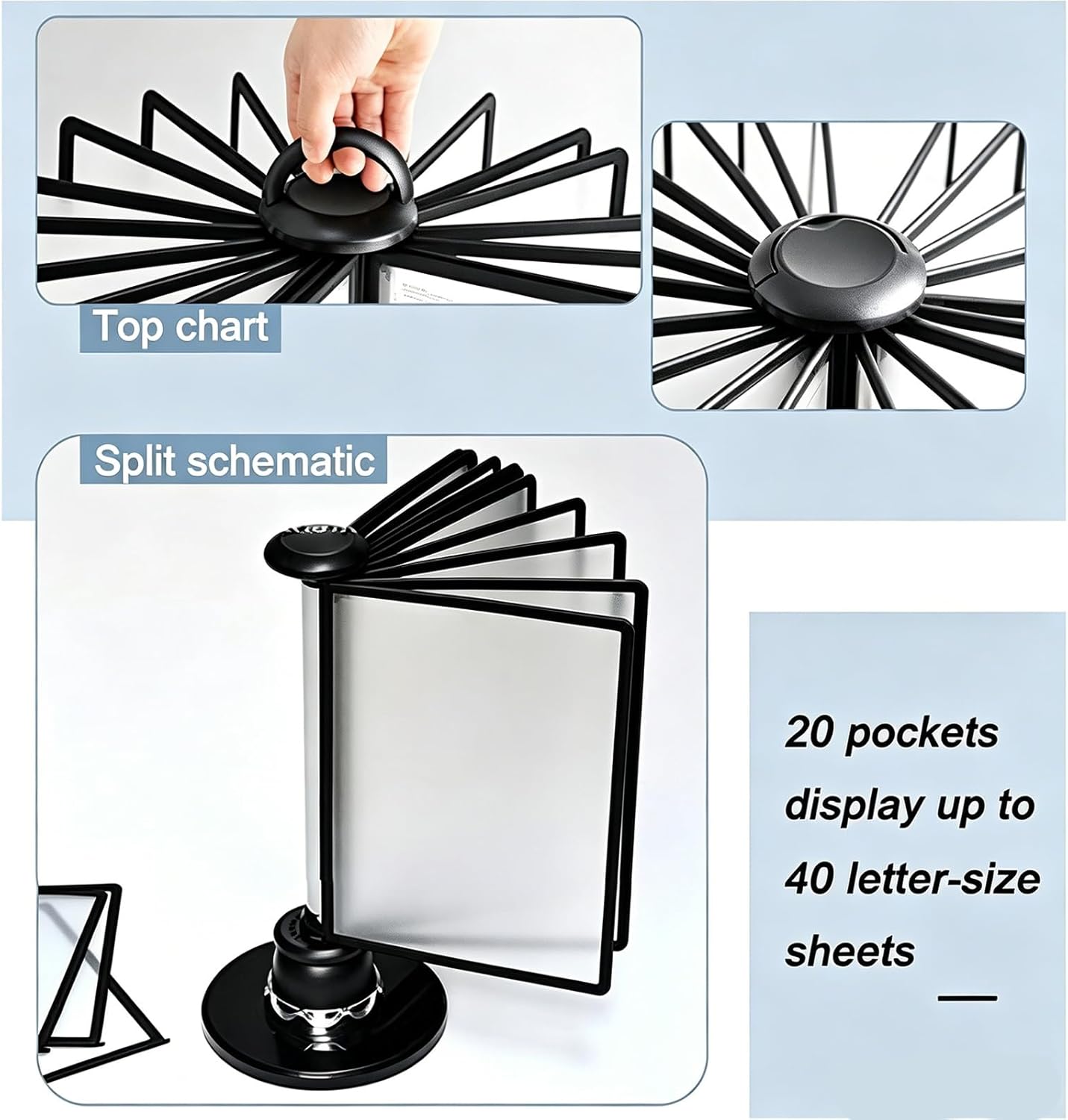 Rotating Desk Flip File Holder, 20 Panels Desktop Reference Organizer, 40 Sheet Capacity, 360° Swivel Base, A4 Catalog Display Rack for Office, Laboratory & Restaurant(4 PCS)