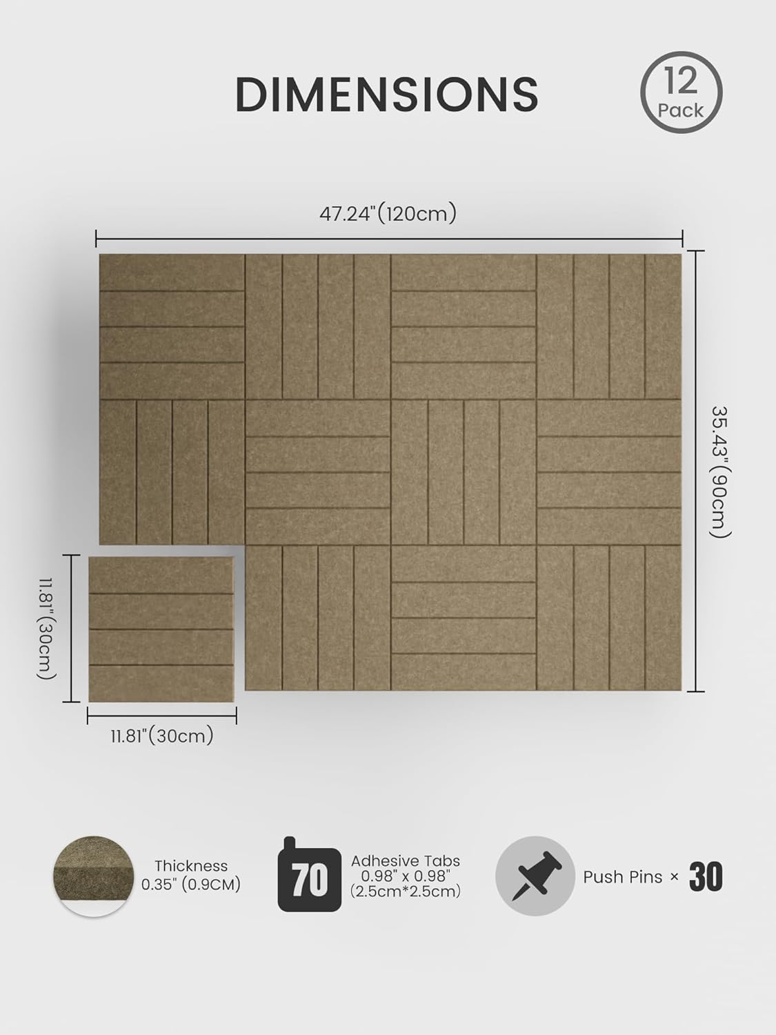 Bumusty Large Cork Board Alternative-48 x 36" Felt Bulletin Board Tiles, with 30 Pushpins, 70 Adhesive Tabs, Bold-Stripe 12-Pack, Cork Boards for Office Push Pin Board Felt Board-Carbon Blue