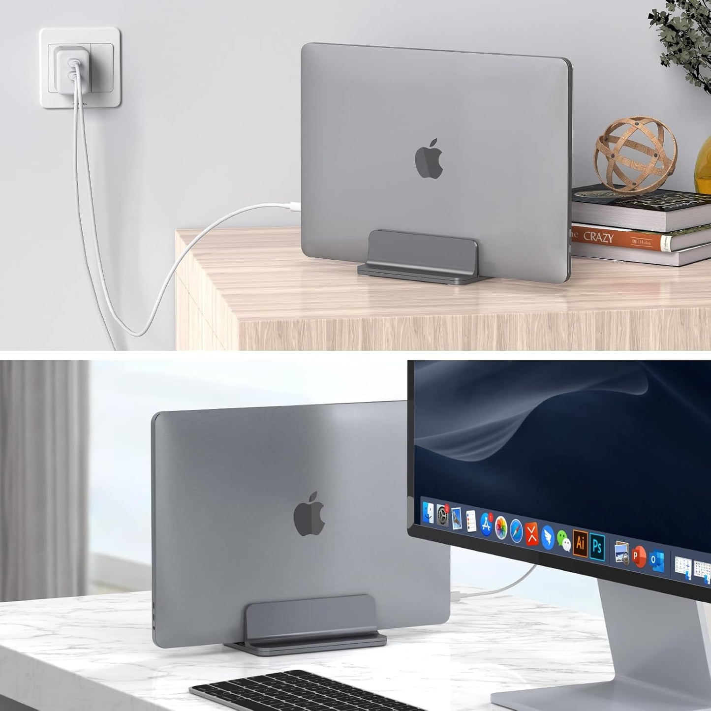 YICOSUN Dual-Slot Aluminum Vertical Laptop Stand for Desk - Adjustable Width Dock for MacBook, Surface, Samsung, HP, Dell up to 17.3 inches - Space-Saving & Protective Design - Gray