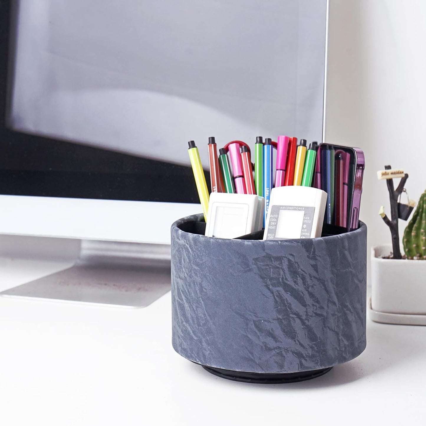 Round Leather Art Supply Organizer,Remote Control Holder,360 Degree Rotating,Multi-Functional Pencil Holder,4 Compartments Desktop Stationary Organizer(1-Fractal Flower) | Round - Colors A