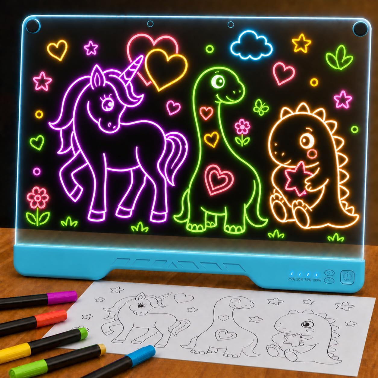 Upgraded 16” LED Drawing Board – Rechargeable, 7 Colors, 10 Light Modes, Adjustable Brightness – Acrylic Light Board for Tracing with Stand, Markers and Full Kit – Birthday Gift Set (Black)