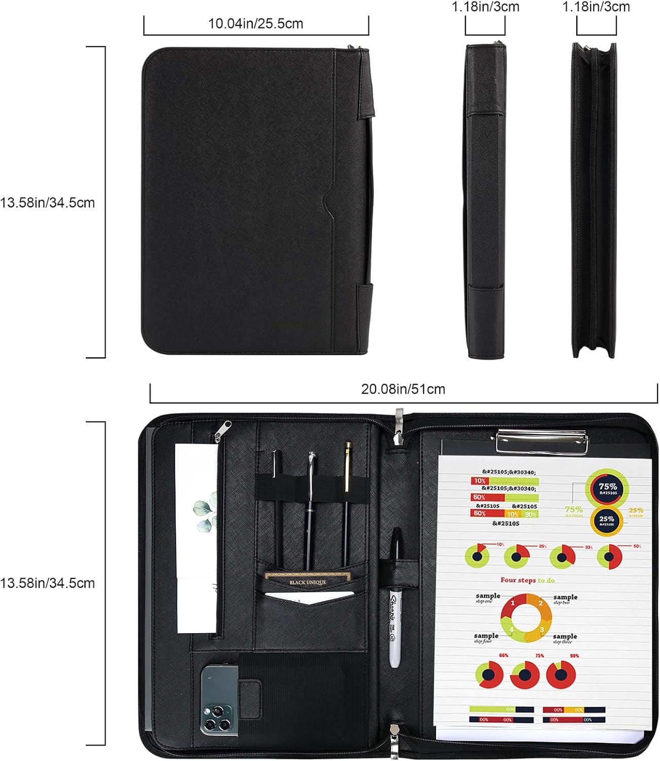 ProCase Portfolio Business Padfolio Folder with Zipper, Conference Meeting Executive File Legal Document Organizer with Pockets Letter Size A4 Writing Pad Notepad Padfolio -Black