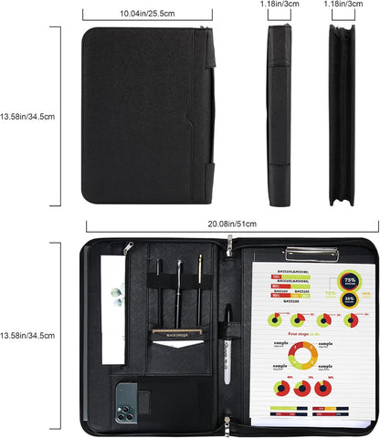 ProCase Portfolio Business Padfolio Folder with Zipper, Conference Meeting Executive File Legal Document Organizer with Pockets Letter Size A4 Writing Pad Notepad Padfolio -Black